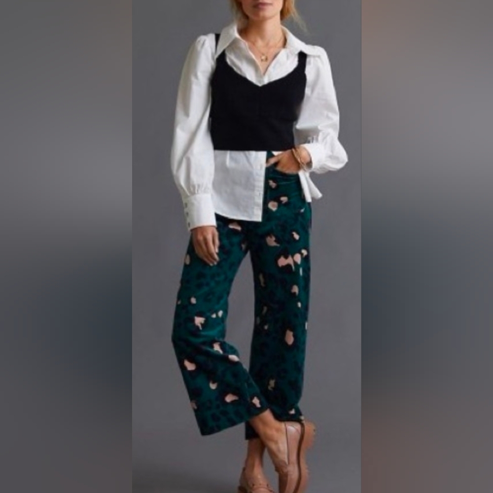 Maeve " The Colette"  Green Leopard Corduroy Wide Leg Cropped Pants Size 28